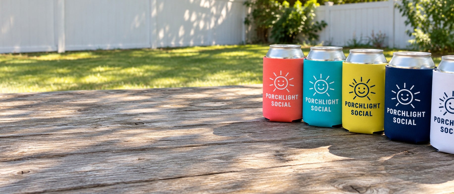 Custom printed koozies on cans lined up on a wooden picnic table