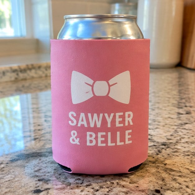 Customer photo of a custom wedding koozie